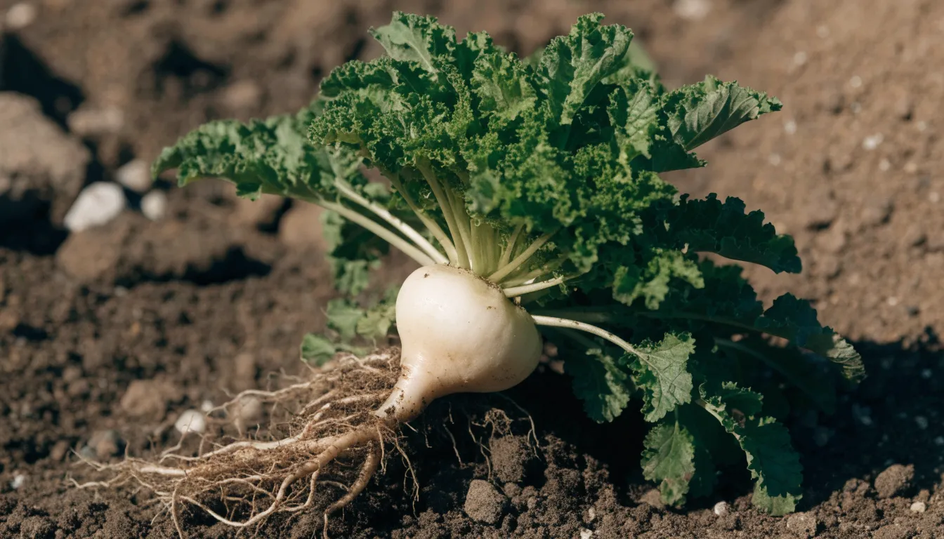 Freshly harvested maca root plant showing turnip-like hypocotyl and leafy greens from Peruvian Andes.