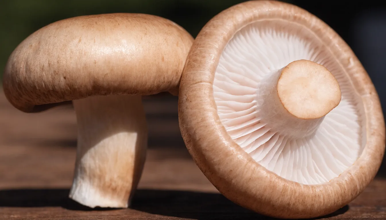 Fresh shiitake mushroom showing tan convex cap and tight white gills underneath.