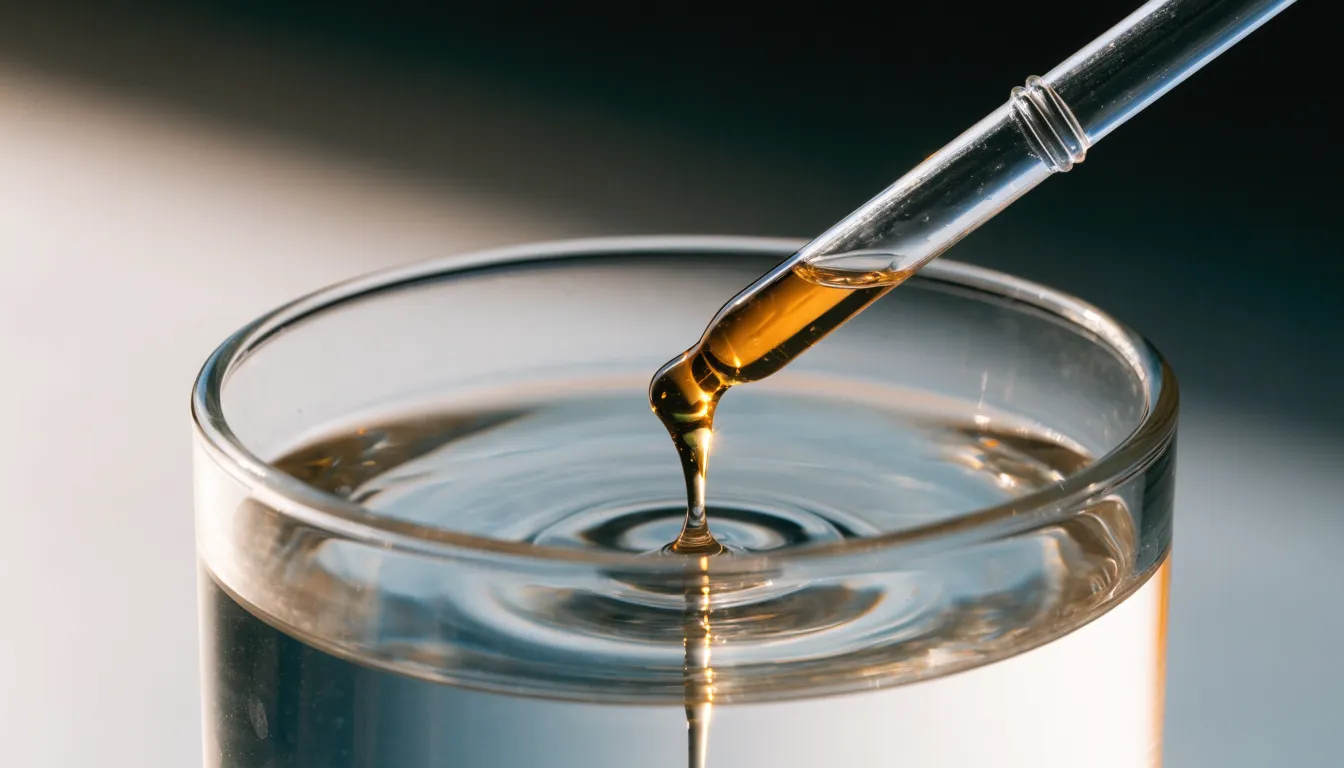 Glass dropper releasing golden-brown fulvic acid liquid into warm water showing mineral solubility.