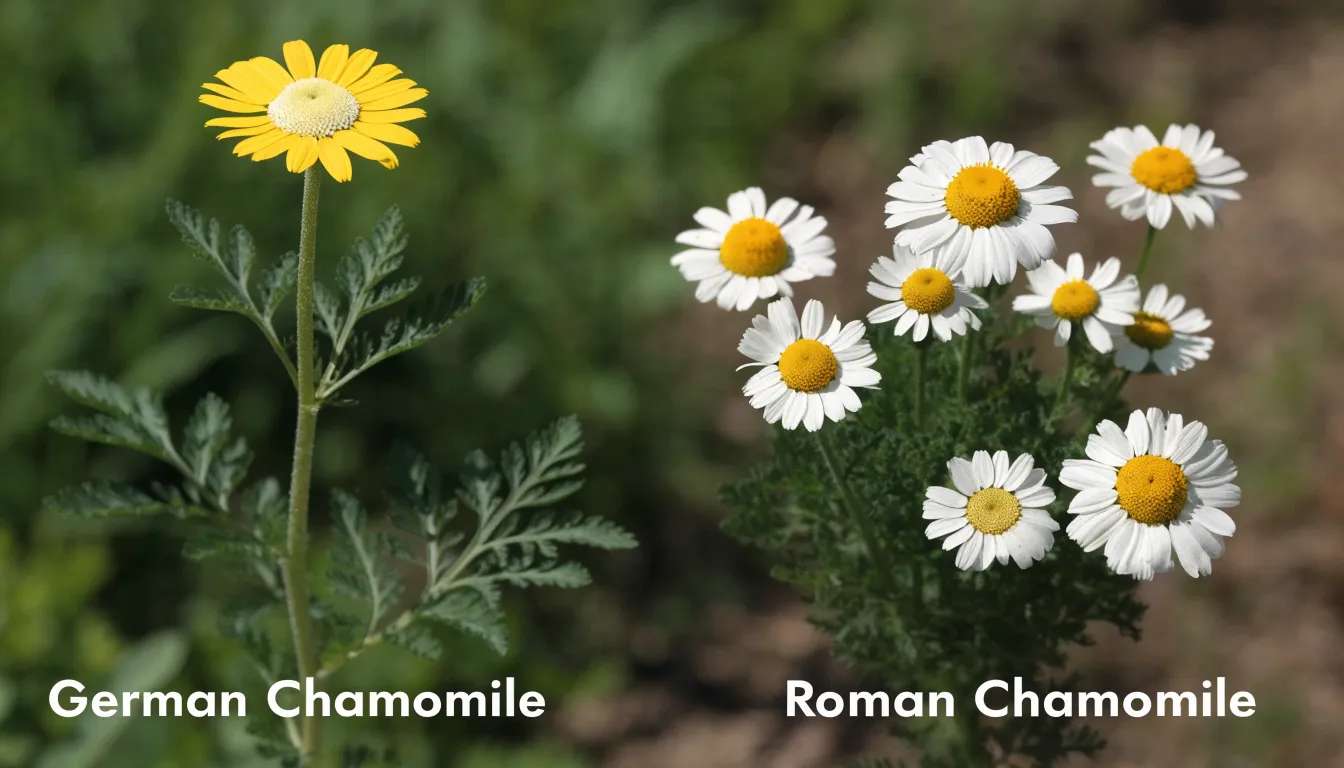 Visual comparison of German chamomile flowers with conical centers and low-growing Roman chamomile blossoms.