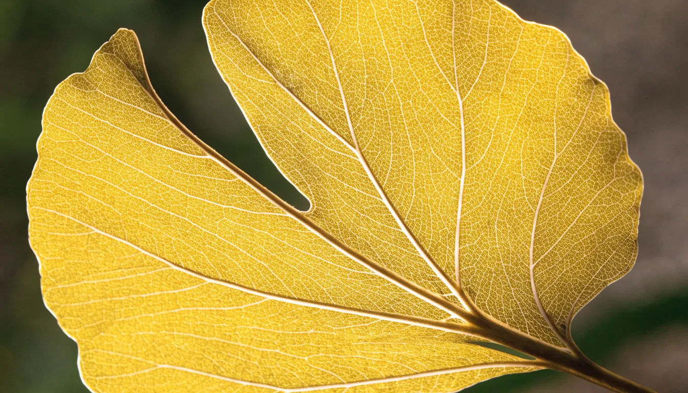 Close-up of a golden fan-shaped ginkgo biloba leaf showing distinct dichotomous parallel veins.