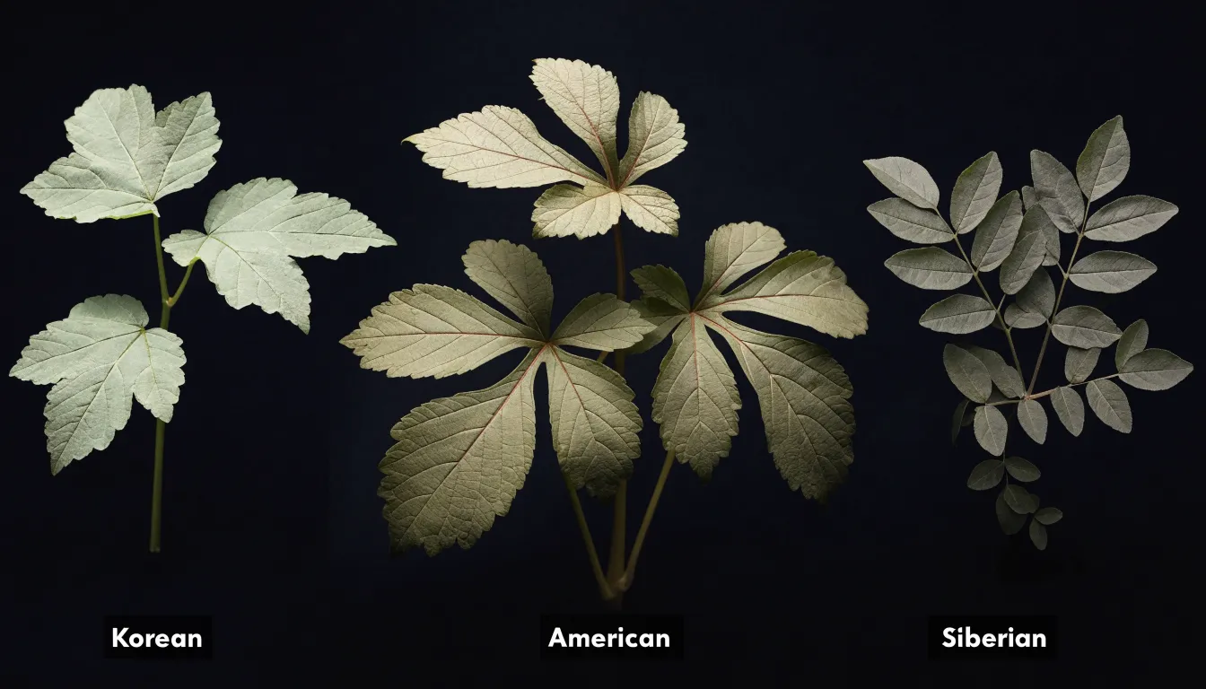 Comparison chart showing leaves, roots, and properties of Korean, American, and Siberian ginseng.