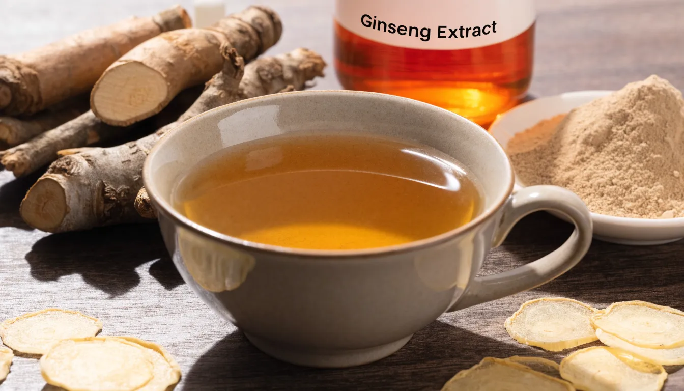 Ginseng tea ingredients including dried root slices, ginseng powder, and liquid extract around a warm cup of tea.