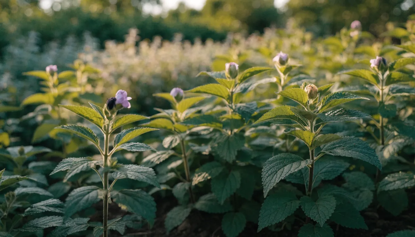 Healthy green American skullcap plants growing in a rich, moist garden bed with dappled sunlight.