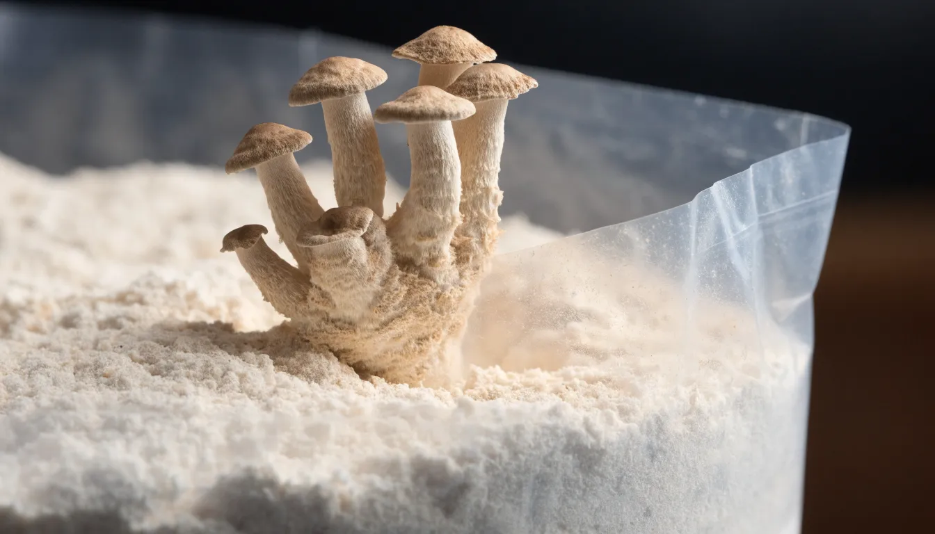 An indoor mushroom cultivation kit showing a maitake rosette sprouting from a white sawdust substrate block.