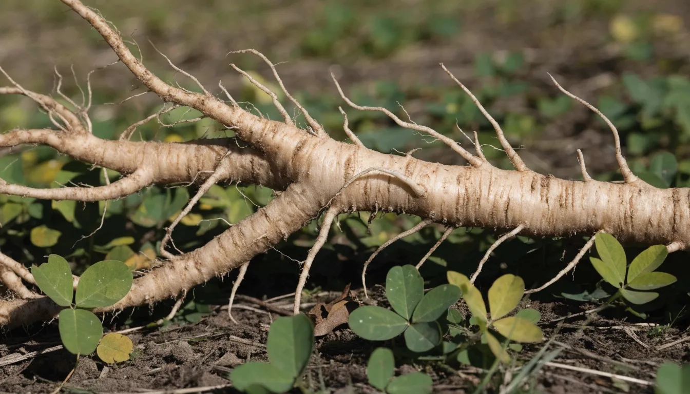 Freshly harvested four-year-old astragalus taproot dug up from rich soil in a home garden.