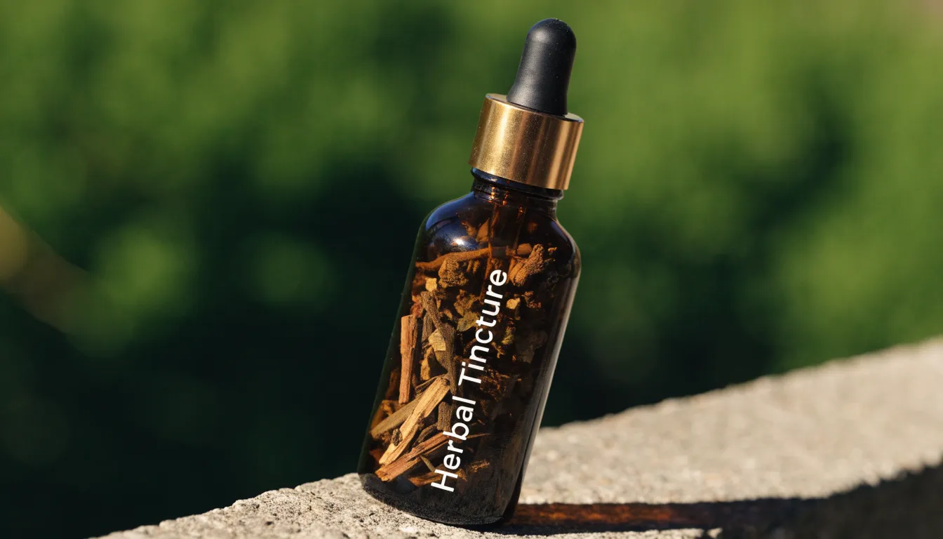 Amber glass dropper bottle dispensing liquid herbal tincture for stress relief