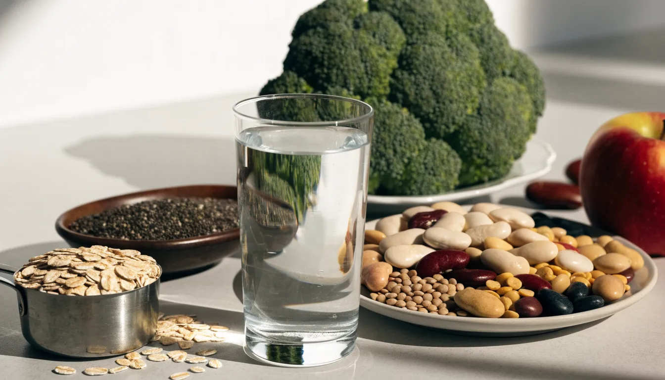 High-fiber foods including oats, seeds, and fresh produce displayed next to a glass of water.