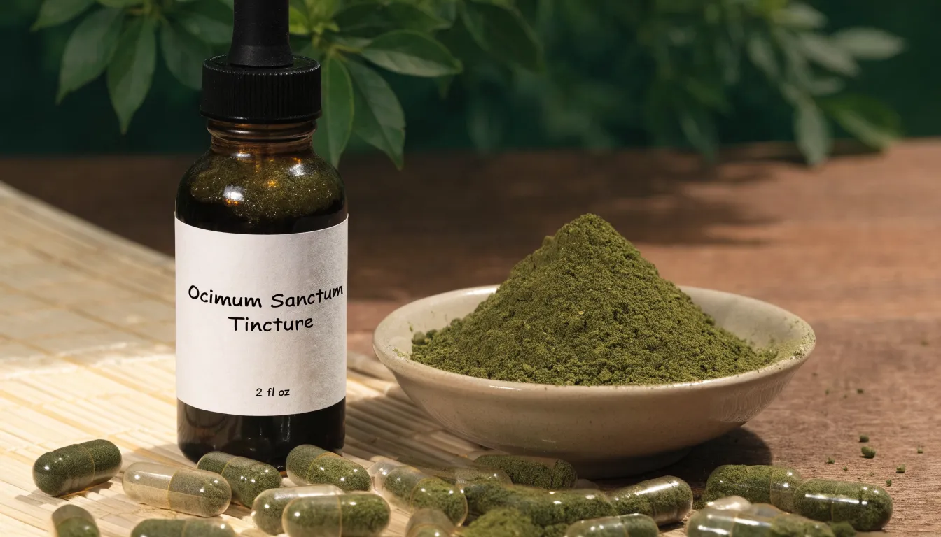 Holy basil supplement forms including liquid tincture, green leaf powder, and herbal capsules