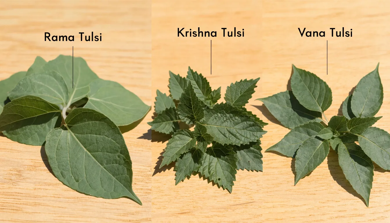 Comparison of Rama, Krishna, and Vana holy basil varieties showing green and purple leaves