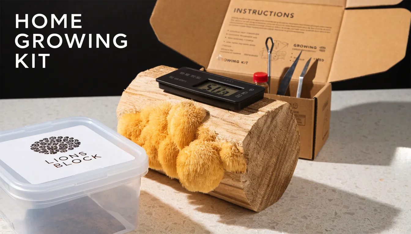 Home growing kit with a large white lion's mane mushroom fruiting from a sawdust substrate block.