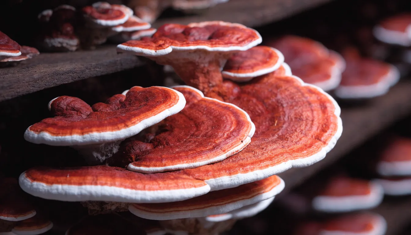 Reishi mushrooms fruiting from a sawdust cultivation block inside a home indoor growing setup.