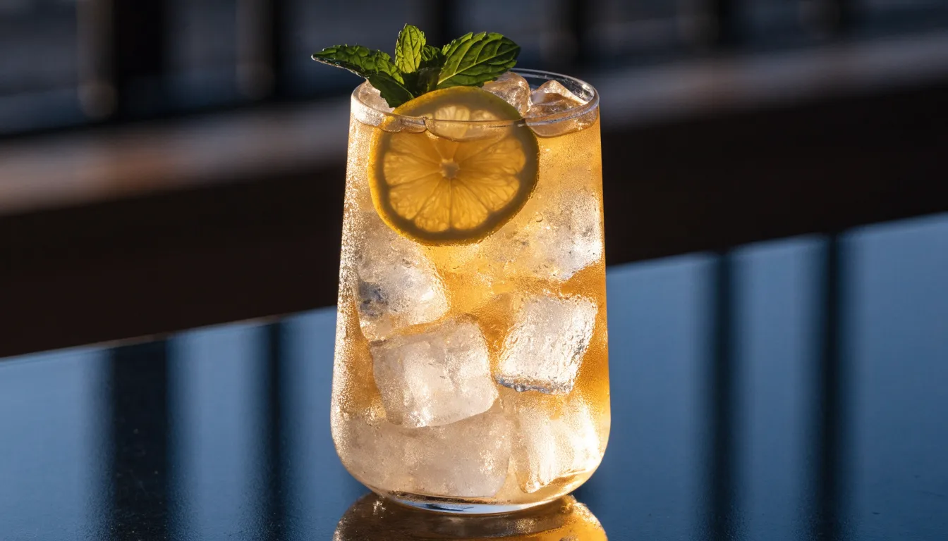 Glass of iced ginseng tea over ice cubes garnished with a fresh lemon slice and mint leaves.