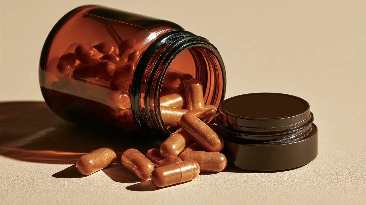 Standardized jiaogulan extract capsules spilling green herbal powder alongside a supplement glass bottle