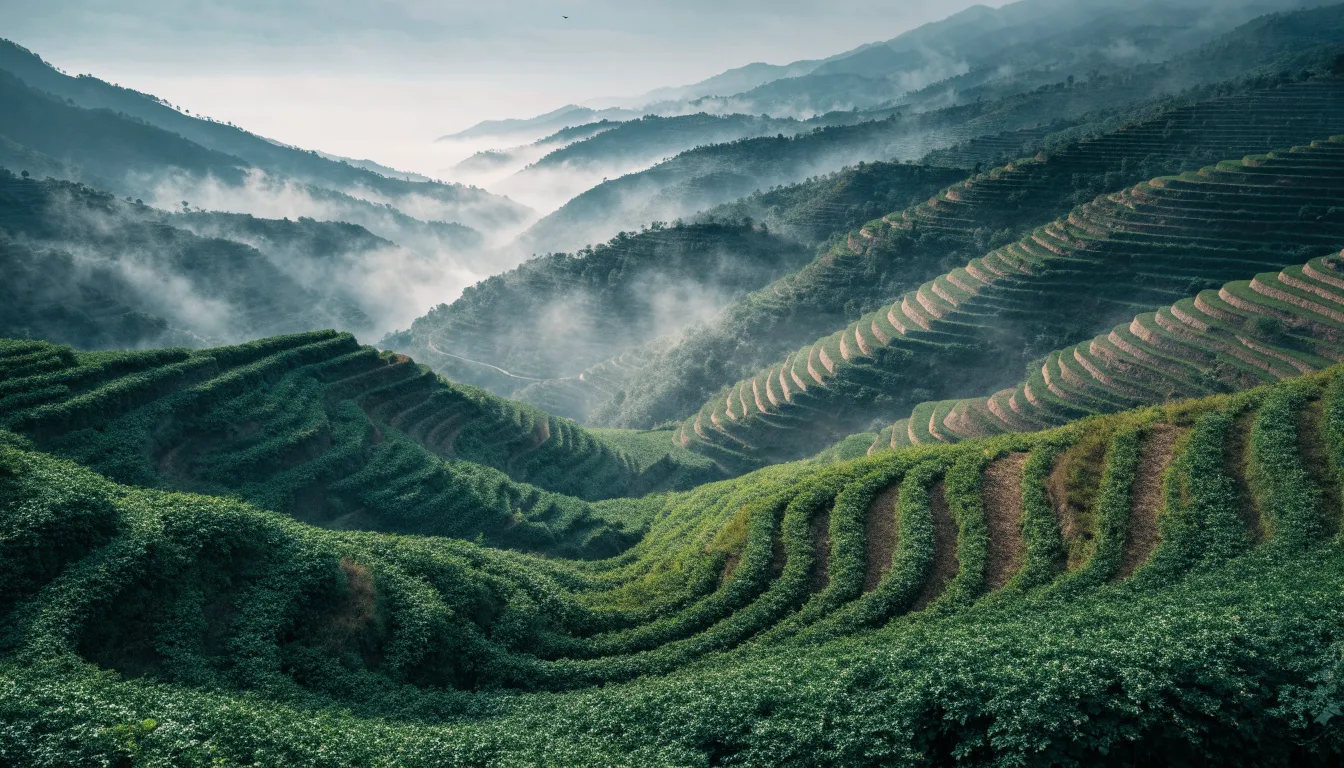 Terraced mountain herbal farm in Guizhou, China, showing lush green jiaogulan vine cultivation in misty hills