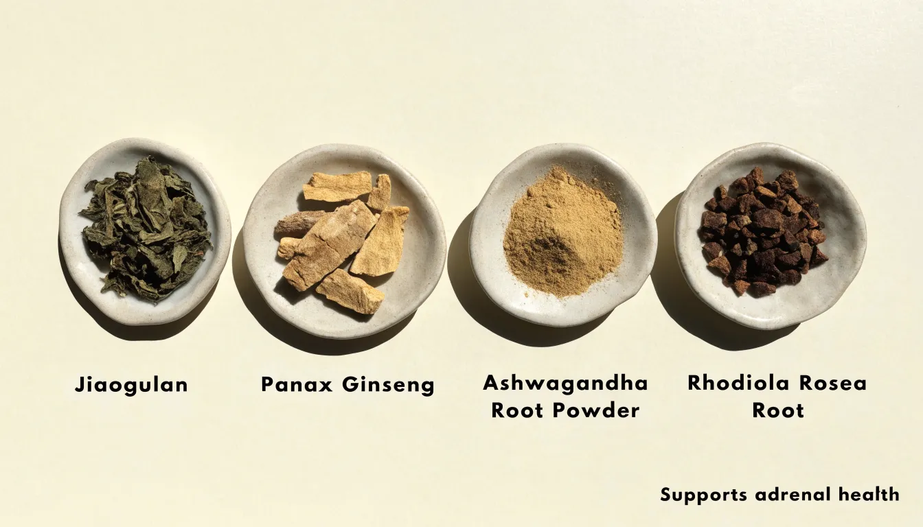 Flat lay comparing dried jiaogulan leaves, ginseng root slices, ashwagandha powder, and rhodiola root fragments