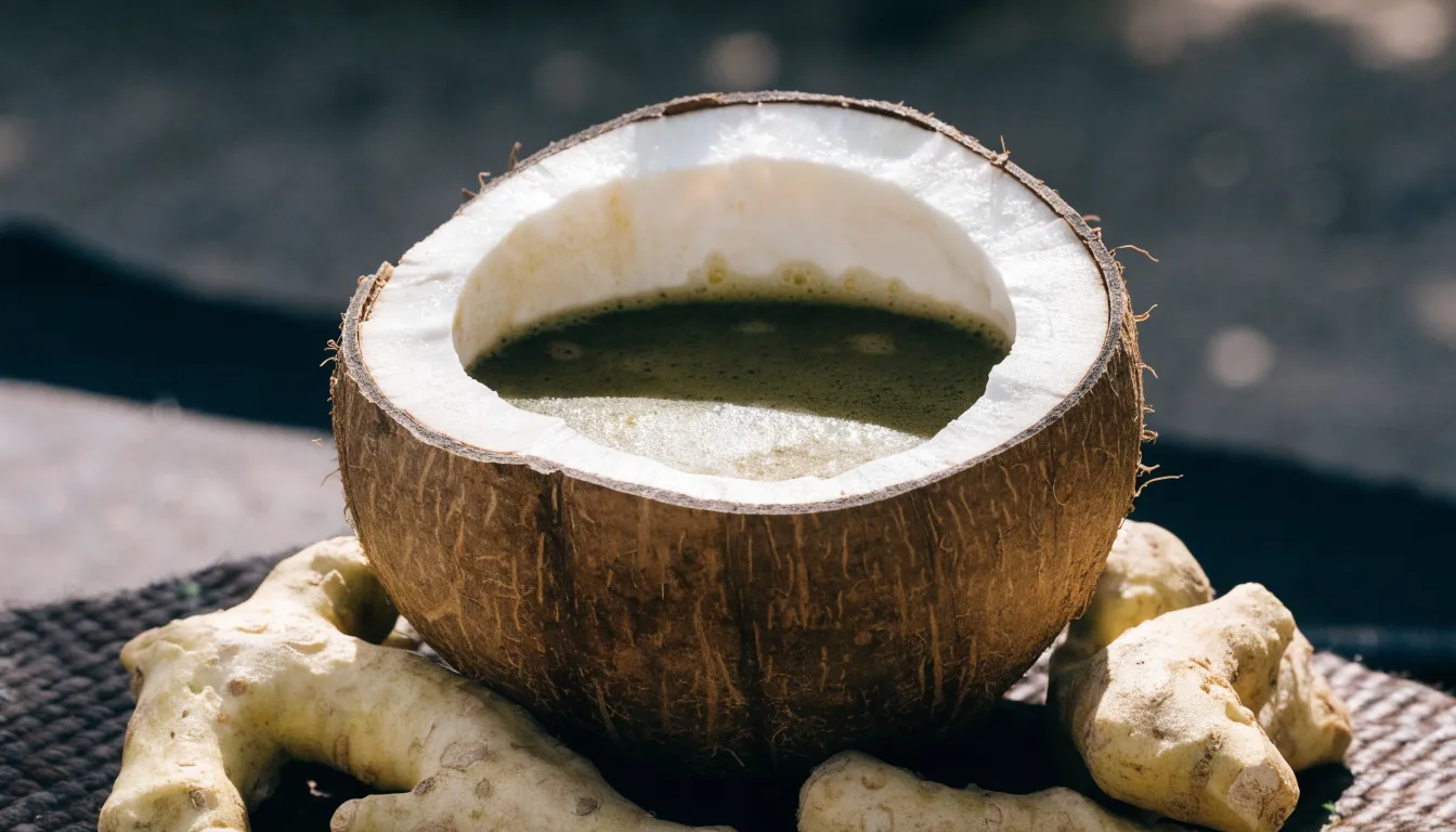 Traditional coconut shell bowl filled with muddy brown kava beverage served at a kava bar.
