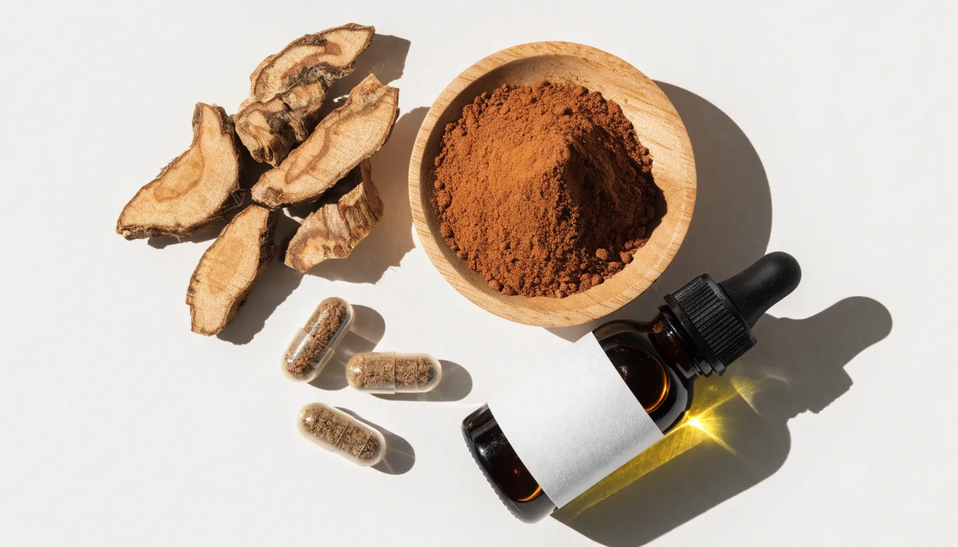 Various forms of Korean ginseng including dried root slices, powder in a bowl, capsules, and liquid extract.
