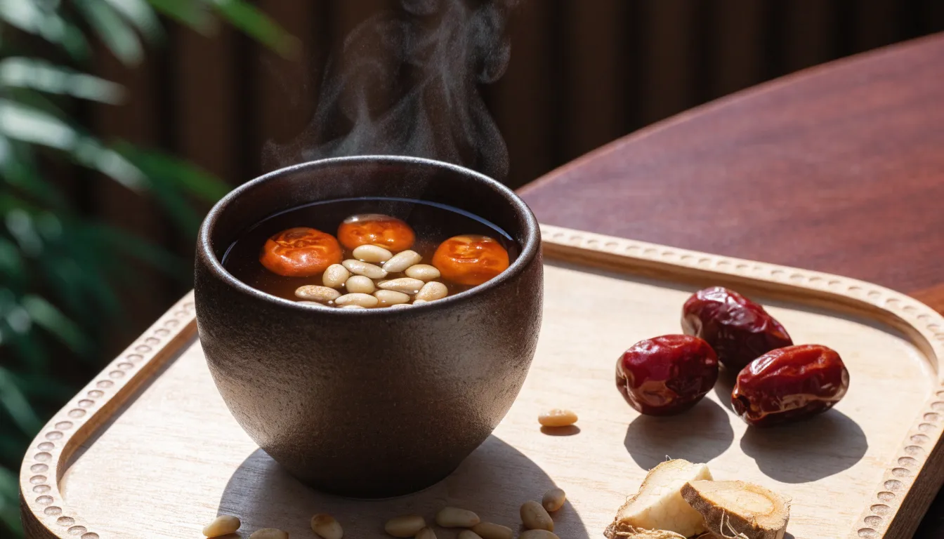 Traditional Korean Insam-cha ginseng tea served in a ceramic mug garnished with floating pine nuts and jujubes.