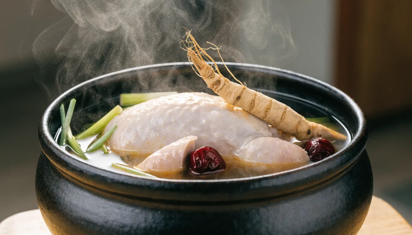 Traditional Korean Samgyetang chicken soup served in a stone bowl with fresh ginseng root and jujubes.