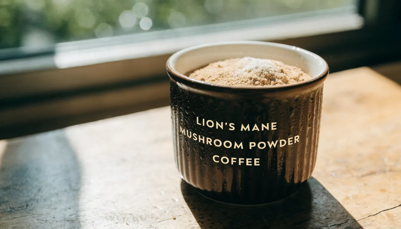 Hot cup of mushroom coffee next to a wooden spoon filled with lion's mane powder extract.