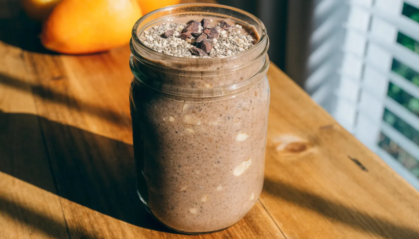Glass jar with banana cacao maca smoothie garnished with seeds on a modern kitchen counter.