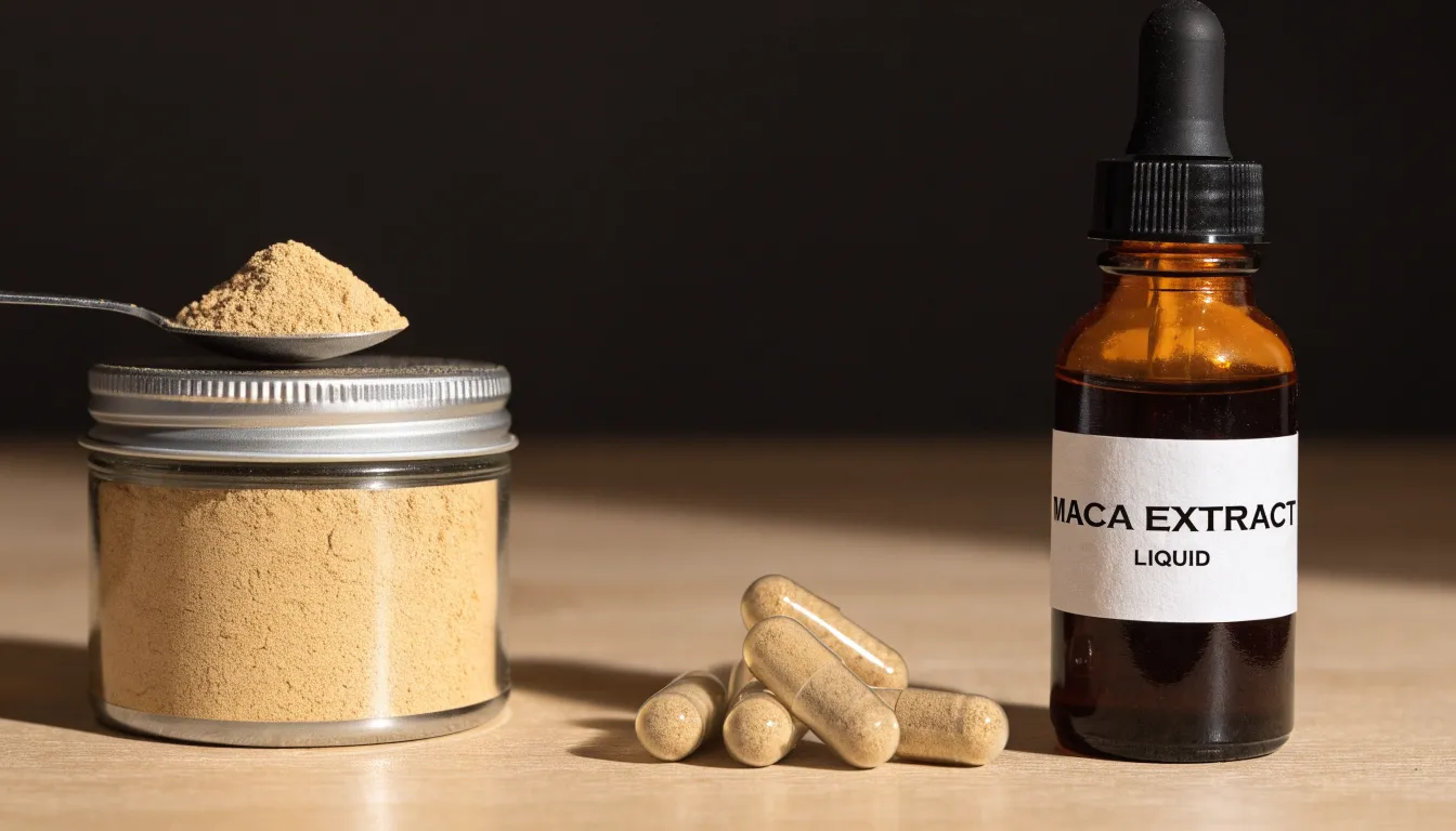 Various maca root supplements including loose powder, gel capsules, and liquid extract tincture.