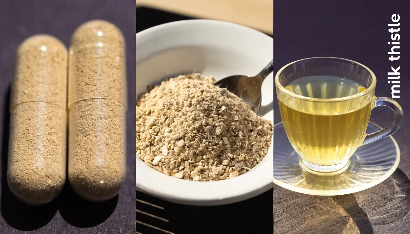 Milk thistle supplement capsules next to whole seeds and brewed herbal tea on a wooden surface.