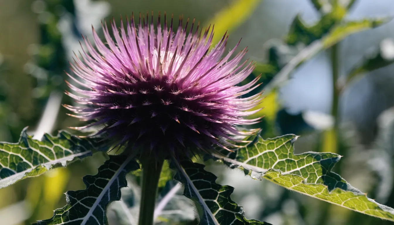 Close-up of a blooming purple milk thistle flower surrounded by spiny green leaves with white marbling.