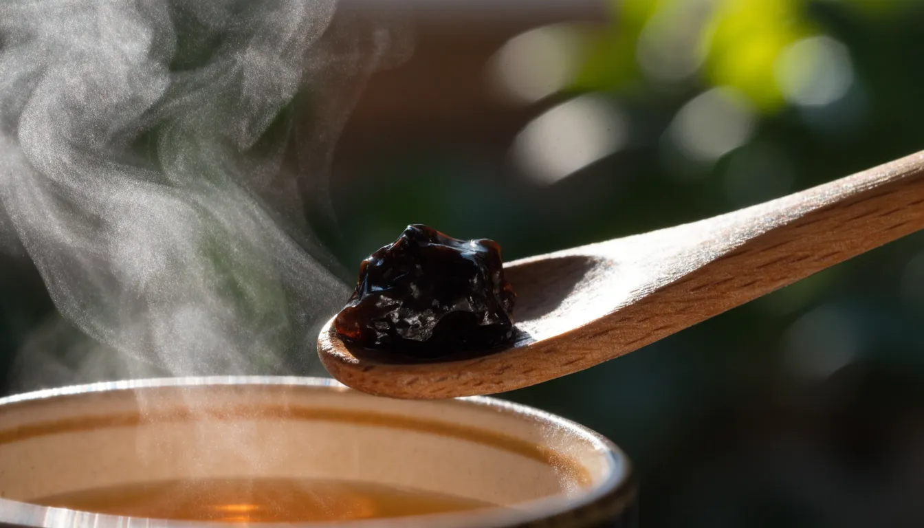 Pea-sized bead of dark shilajit resin on a wooden spoon ready to be dissolved in a warm cup of water.