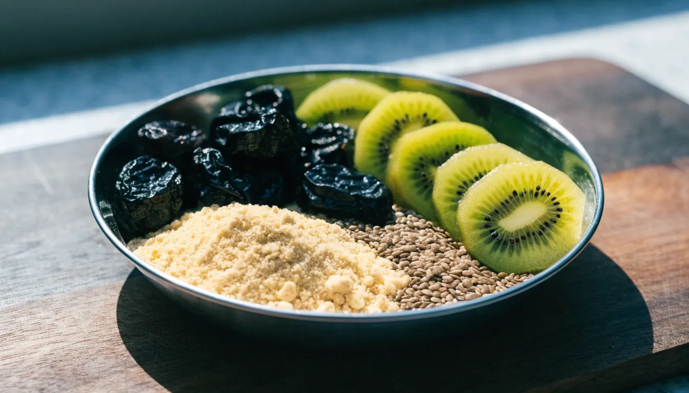Natural remedies for constipation including dried prunes, green kiwi fruit, and psyllium husk.