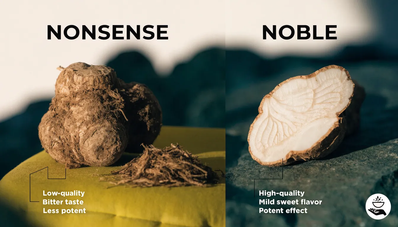Side-by-side comparison of noble kava root powder and raw unpeeled kava roots.