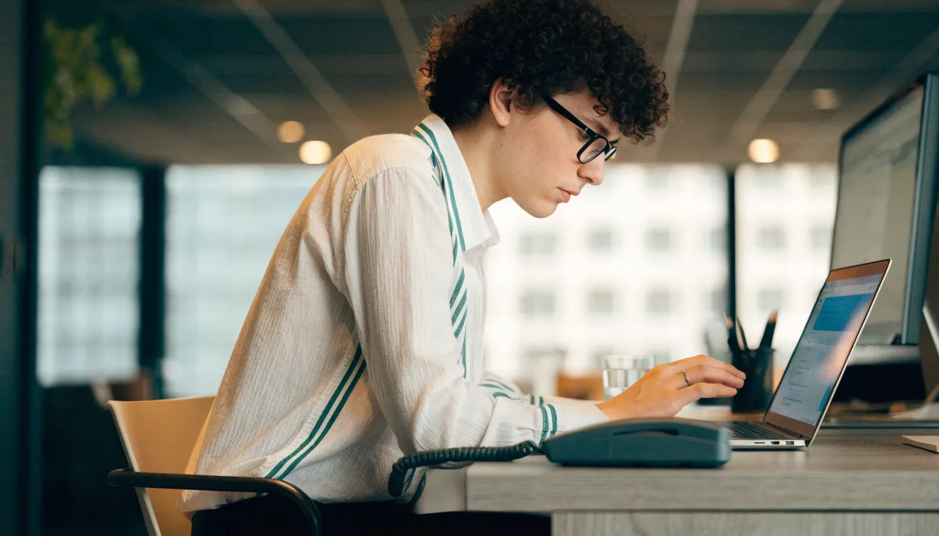 Office worker looking at a computer screen, representing digital eye strain and ocular fatigue.