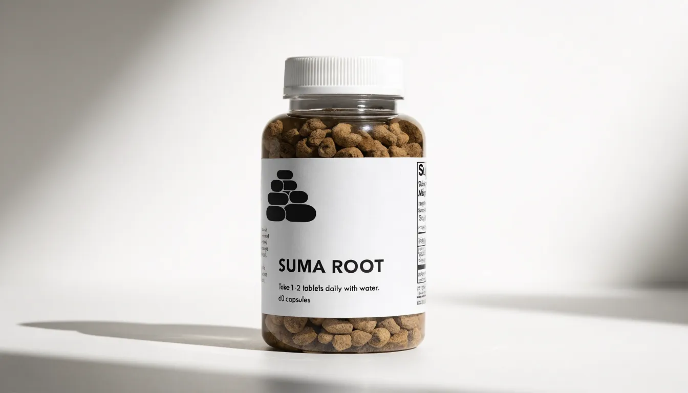 A bottle of organic suma root supplement showing clear botanical labeling and third party testing seal