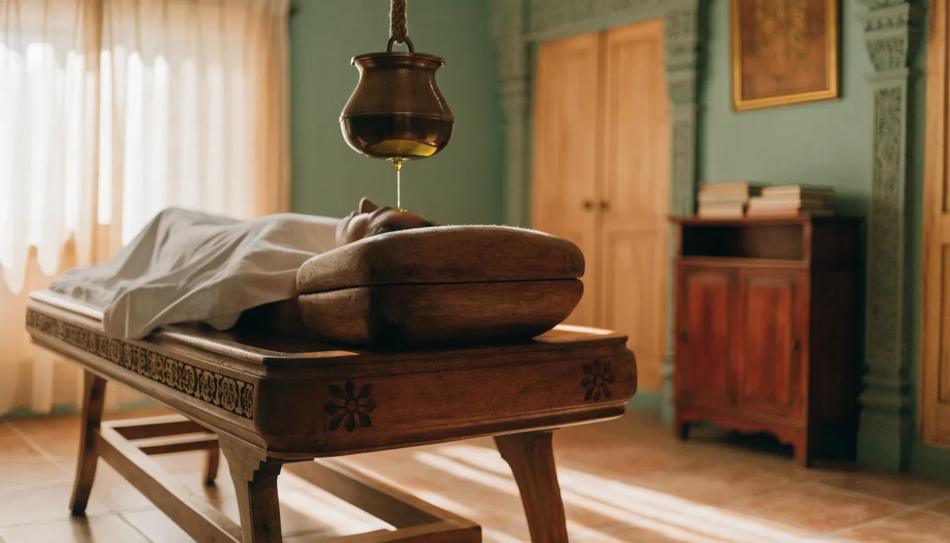 Bronze Shirodhara pot over a wooden treatment table in an Ayurvedic Panchakarma cleansing facility.