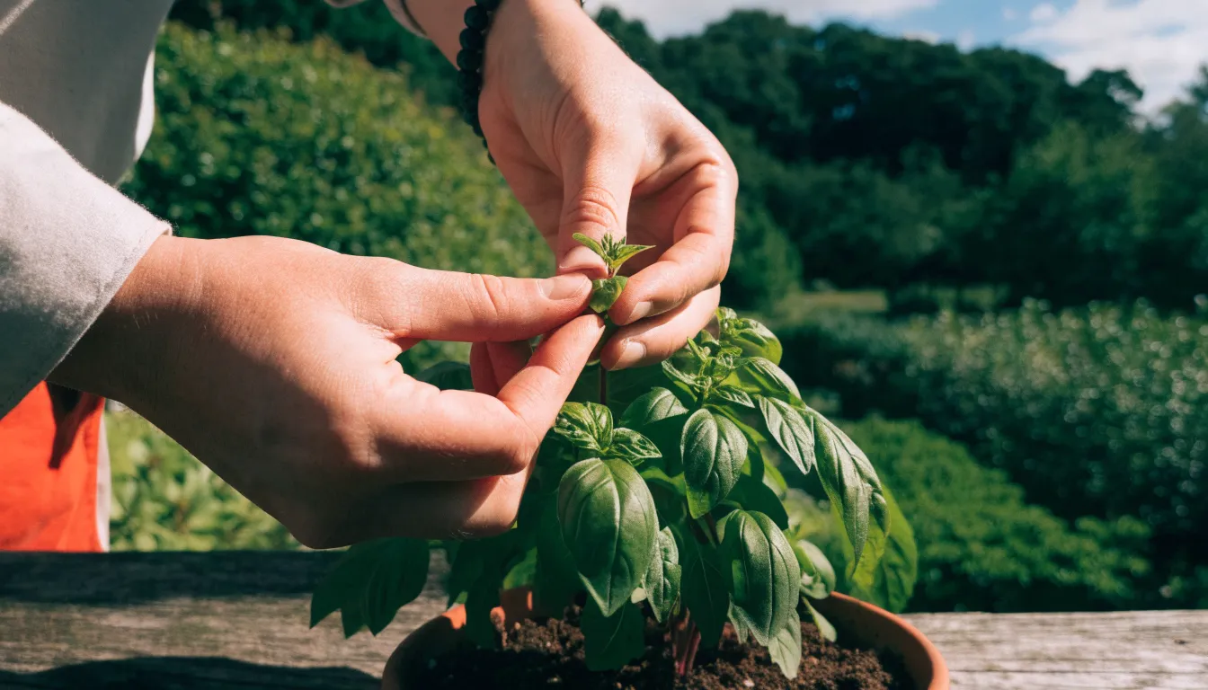 Gardener pinching the top leaves of a potted green holy basil plant to encourage growth