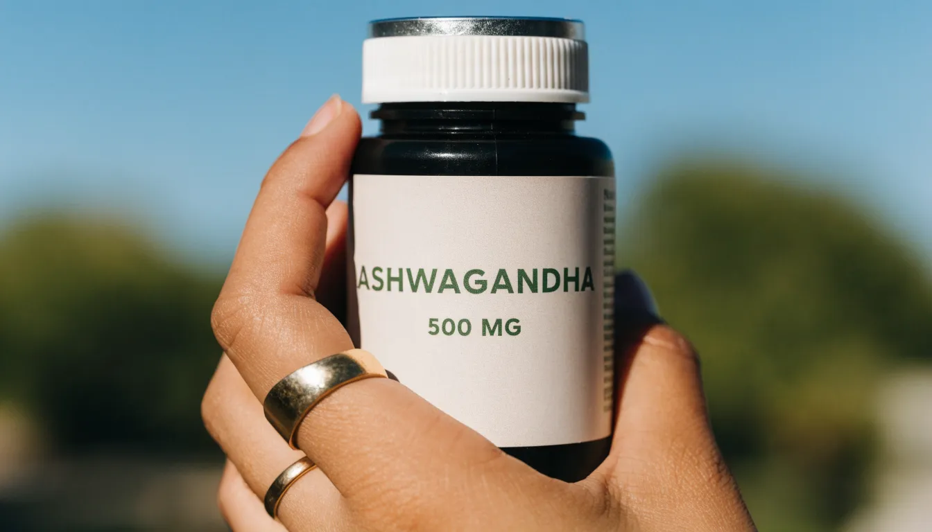 Hands holding an ashwagandha supplement bottle showing third-party quality testing seal