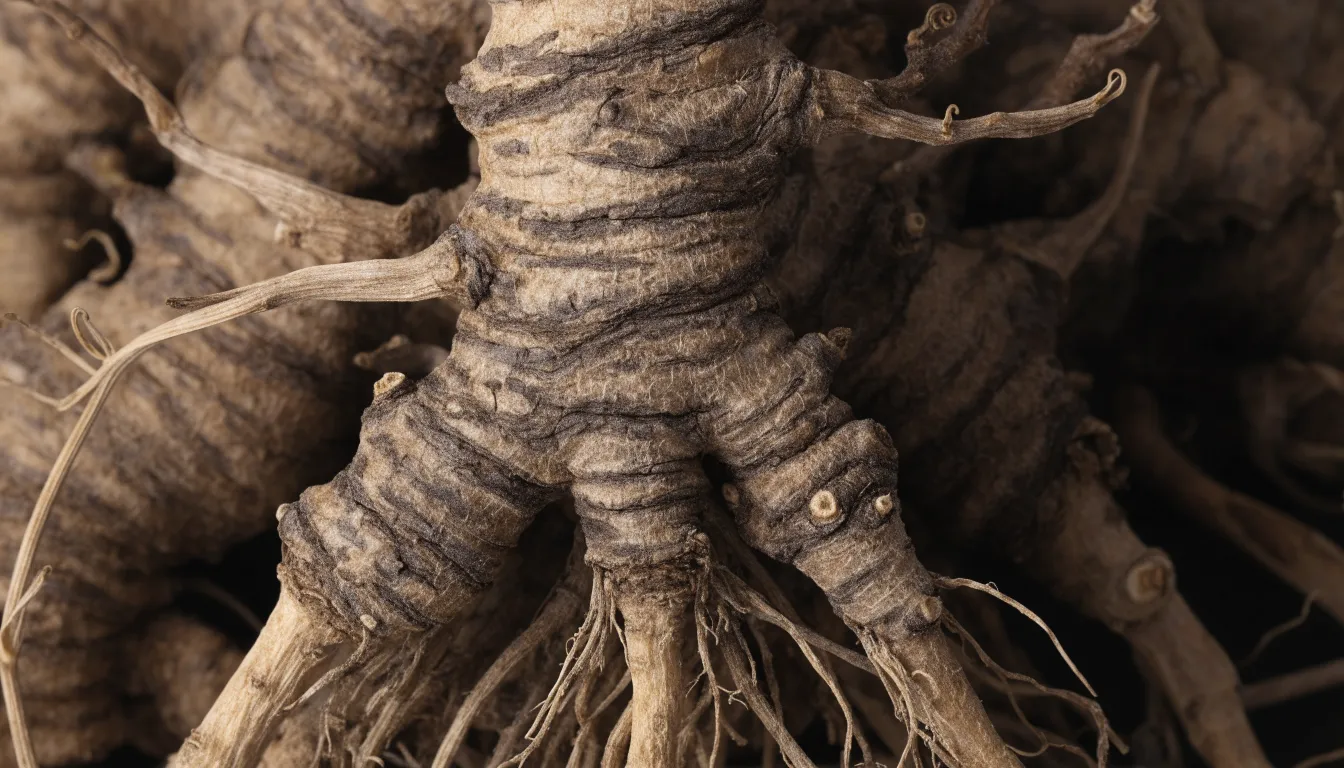 Close-up of high-quality dried American ginseng root highlighting prominent growth rings and texture