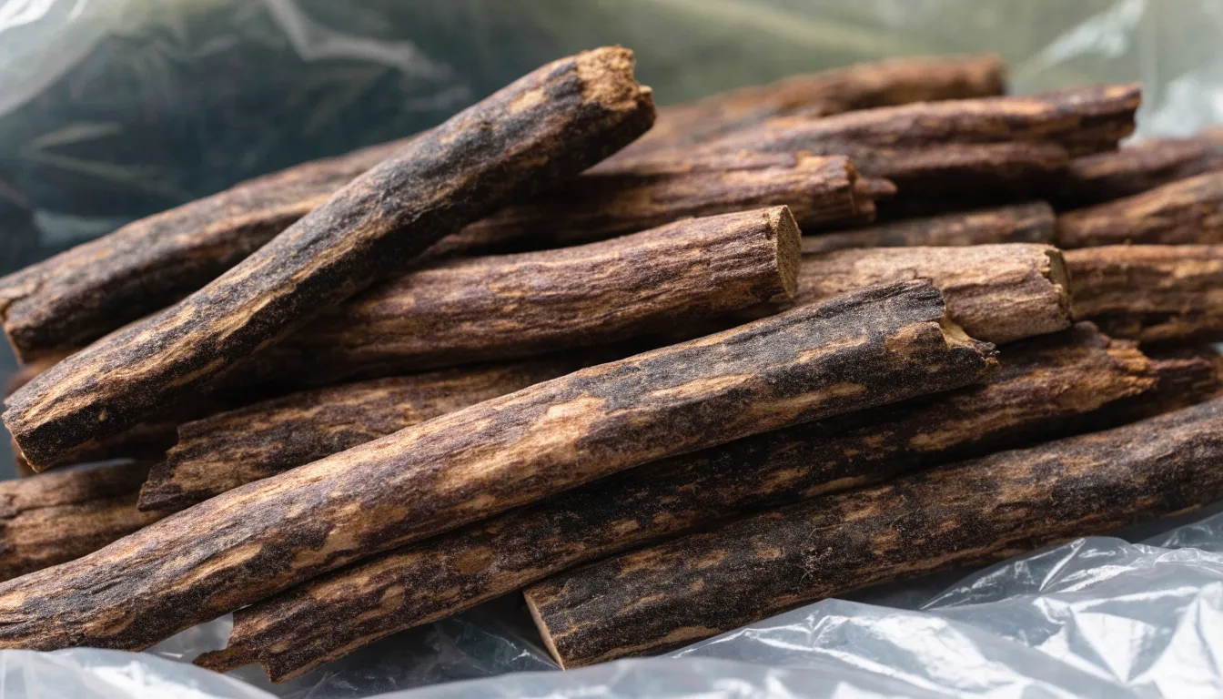 Raw licorice root sticks and loose herbal tea on a dark wooden background