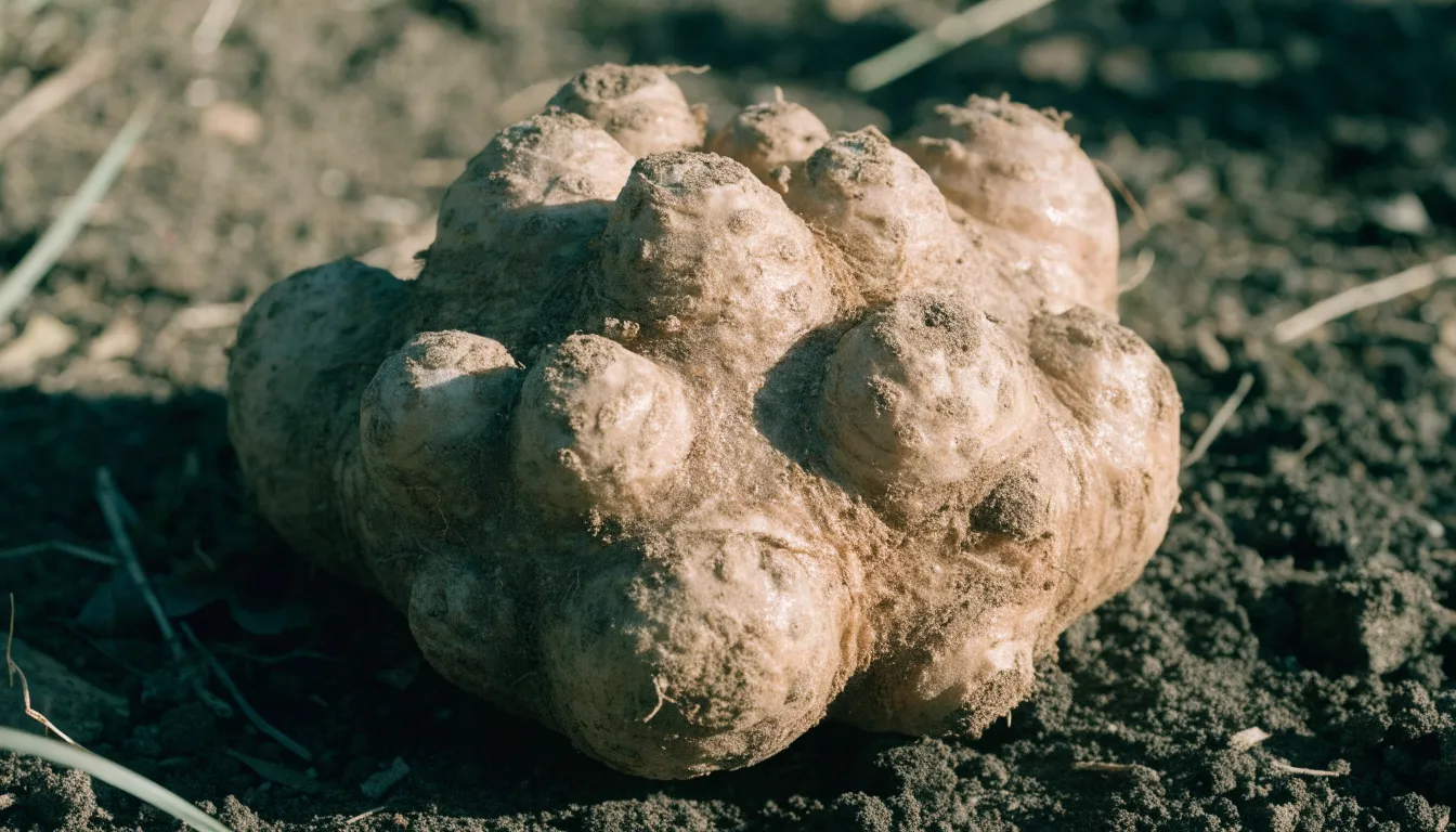 Freshly harvested raw suma root tuber with knobby brown skin from the Amazon rainforest