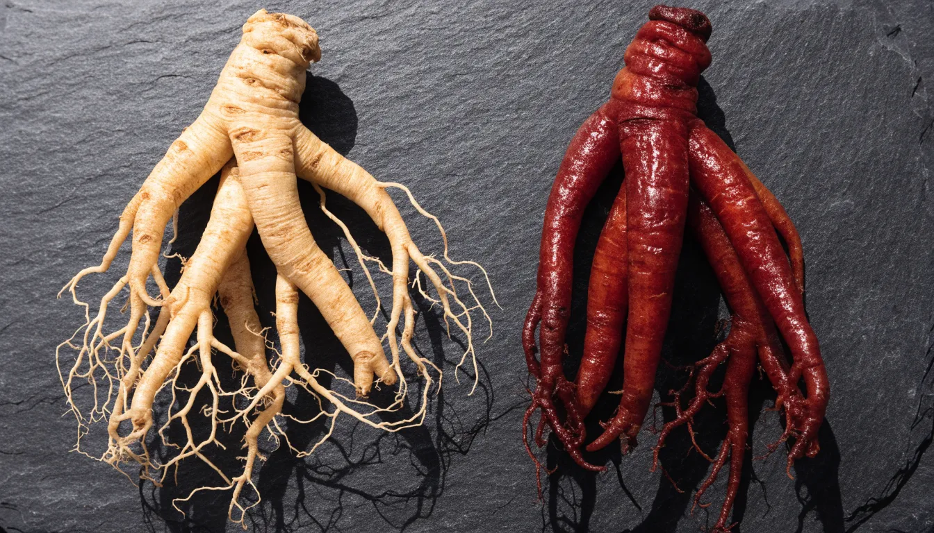 Side-by-side comparison of pale white Korean ginseng root and dark amber red Korean ginseng root.