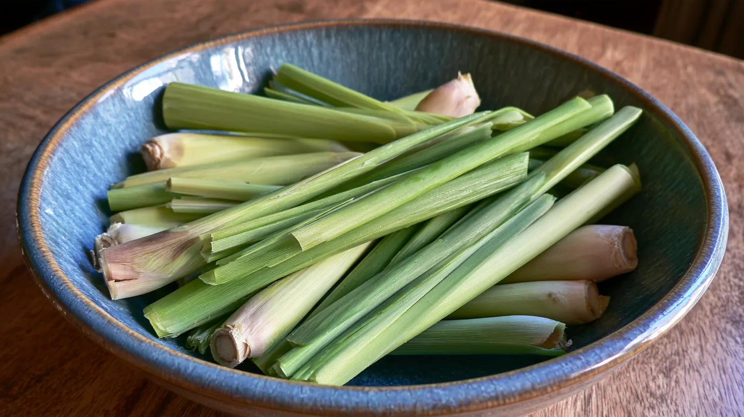 Store-bought lemongrass stalks propagating white roots in a glass jar of water.