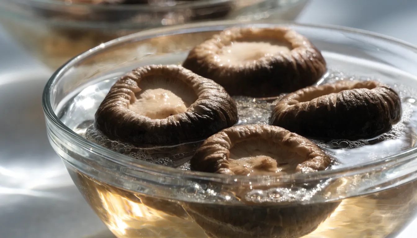 Dried shiitake mushroom caps soaking in warm water inside a clear glass bowl.