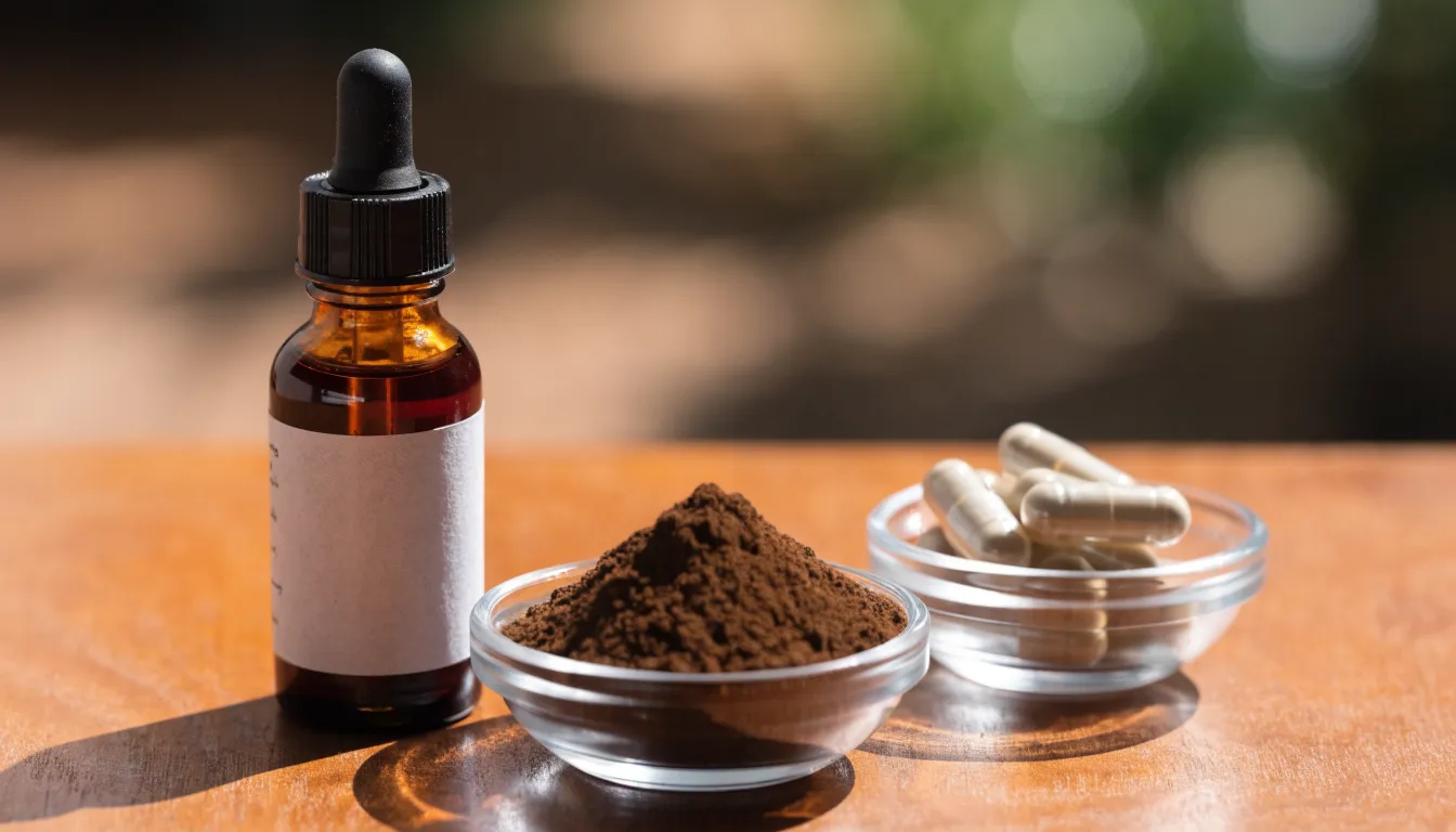 Reishi mushroom tincture bottle alongside fine reishi powder and extract capsules on a wooden surface.