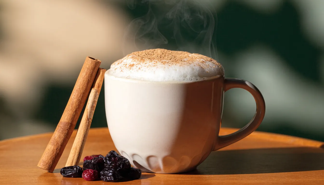 Warm reishi mushroom coffee latte garnished with cacao powder in a ceramic mug.
