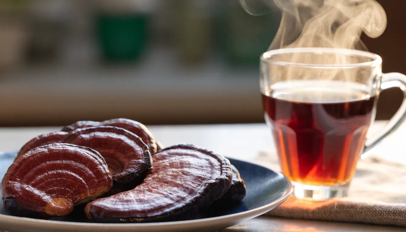 Dried red reishi mushroom slices next to a freshly brewed cup of dark reishi medicinal tea.