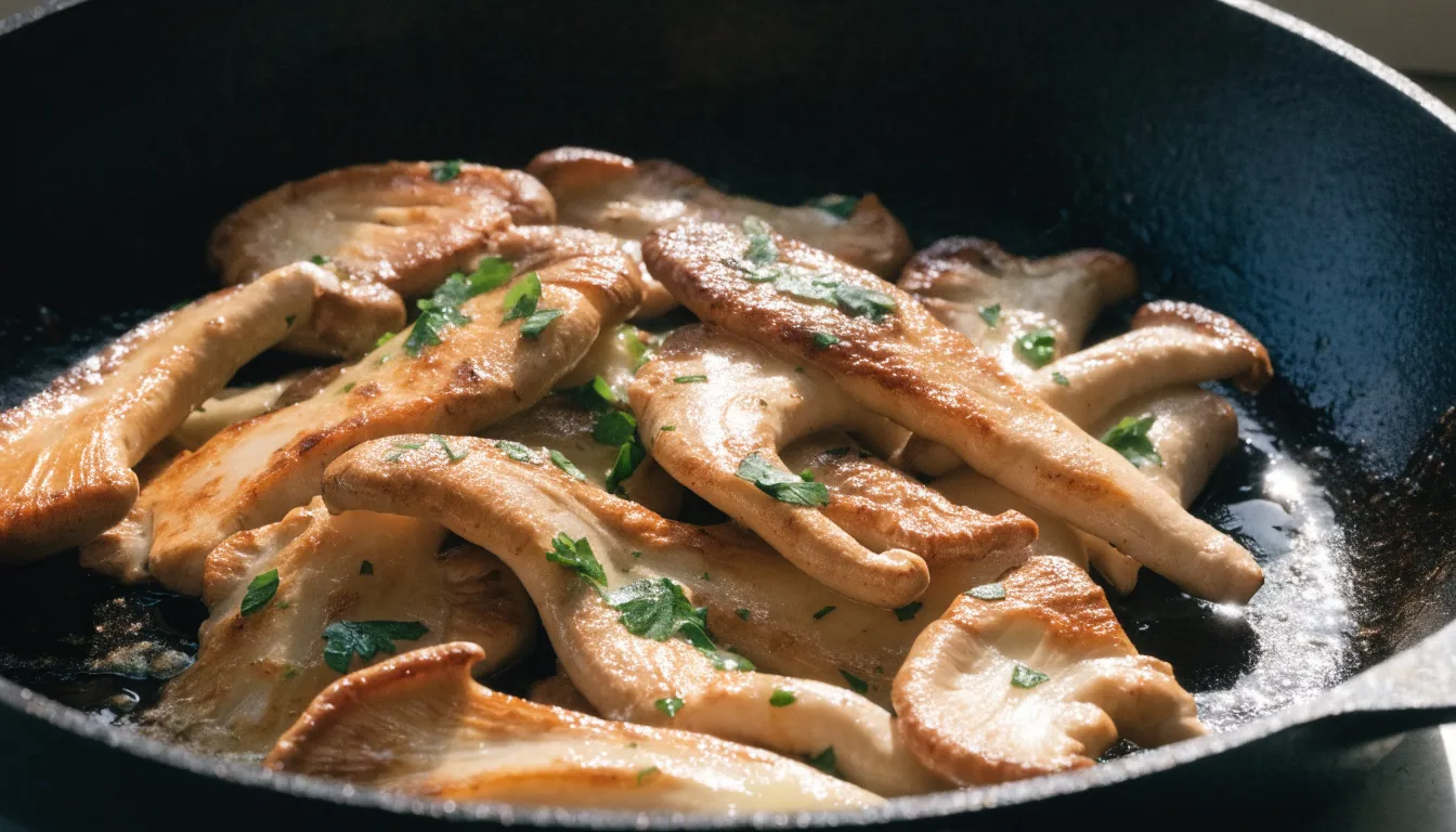 Sautéed maitake mushroom fronds browning in a hot cast-iron skillet with herbs and butter.