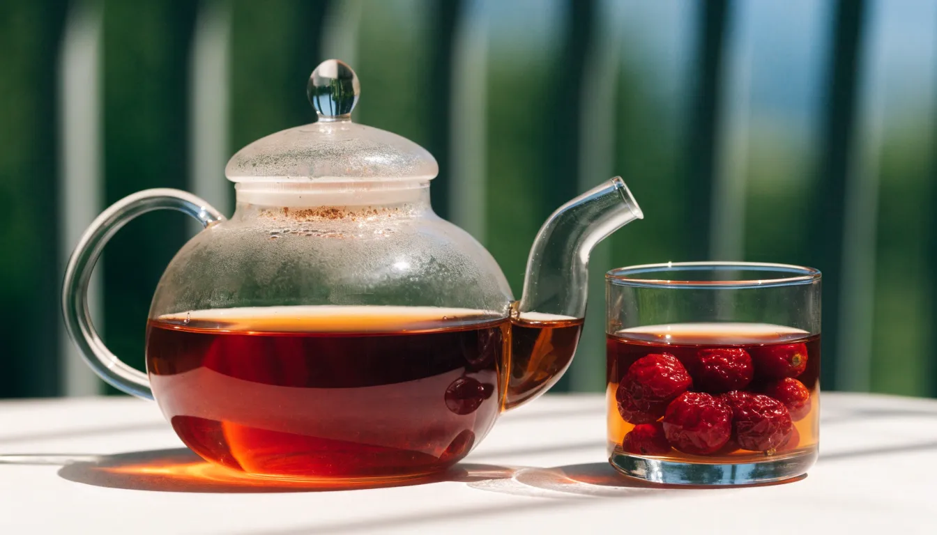 Clear glass teapot and cup filled with freshly brewed Schisandra berry tea.