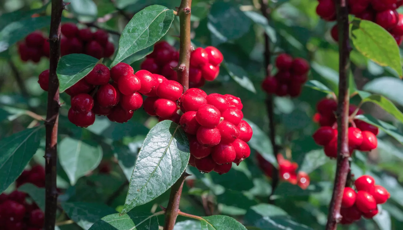 Red Schisandra chinensis berries hanging from a wild woody vine in late summer.