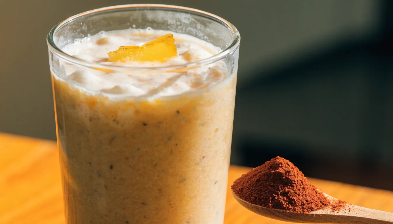 Fruit smoothie in a glass next to a spoonful of finely ground Schisandra berry powder.